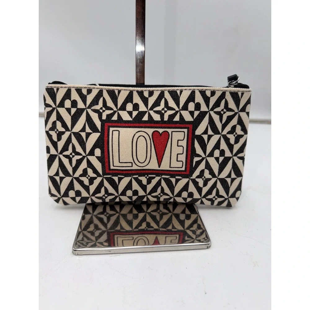 Brighton LOVE Heart Geometric Canvas Zipper Pouch Cosmetic Bag Black Cream Red